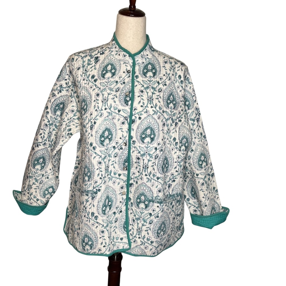 Quilted Reversible Jacket Cotton Paisley Teal White Boho Euro 46 US XL Kantha